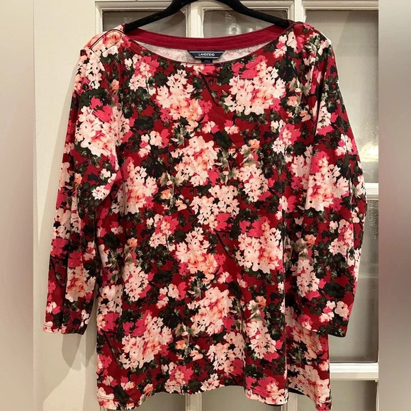 Lands’ End 3/4 Sleeve Hydrangea Floral Pink & Red Cotton Top Blouse Size XL 18 - Picture 1 of 11